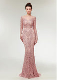 Lace Jewel Long Sleeve Pink Mermaid Evening Dress