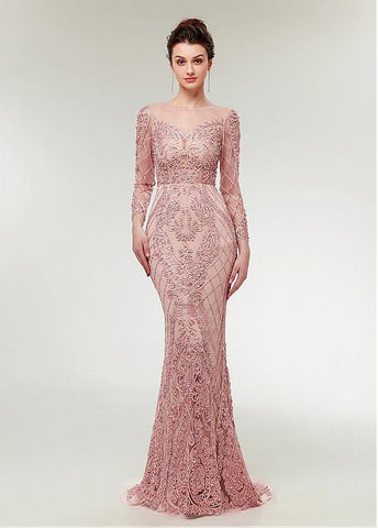 Lace Jewel Long Sleeve Pink Mermaid Evening Dress