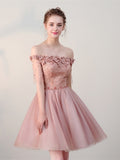 Pink Lace Half Sleeves Short Homecoming Dress