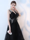 A-Line Bowknot Flowers V-Neck Court Train Evening Dress