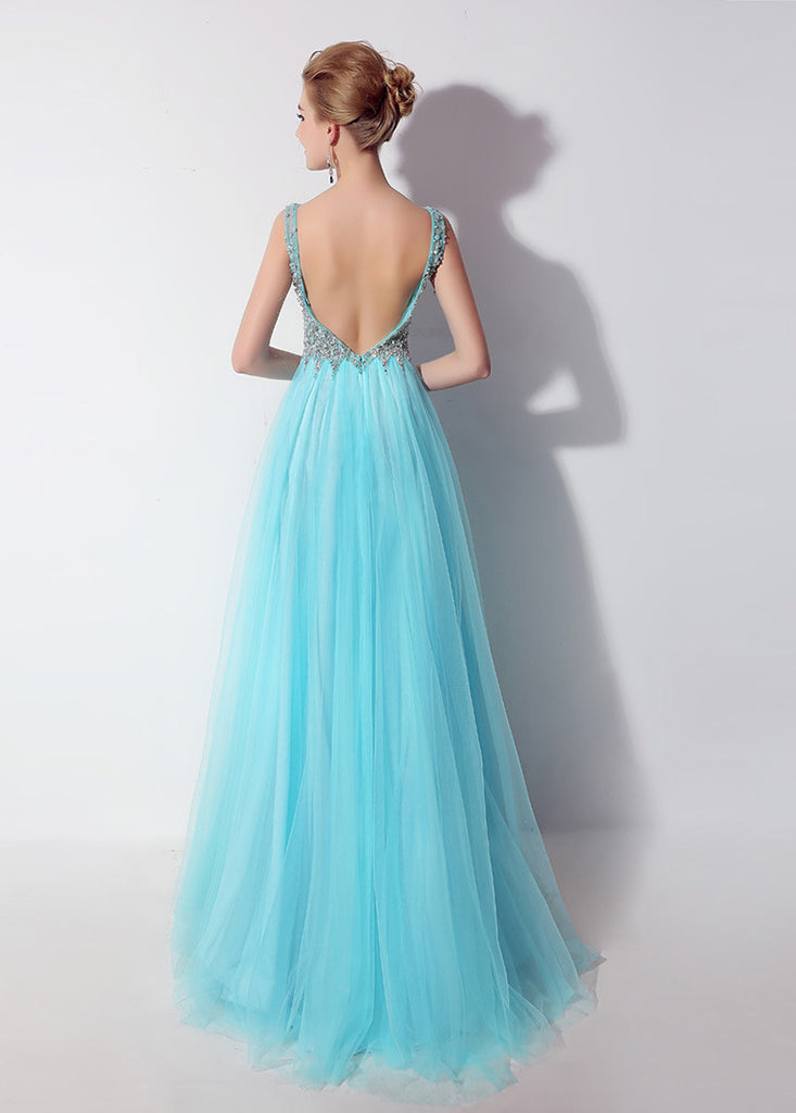 A Line V Neck Tulle Beadings Prom Dress LBQ0967 main image 1