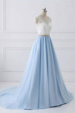 V Neck White And Blue Tulle Beading Prom Dress With Belt