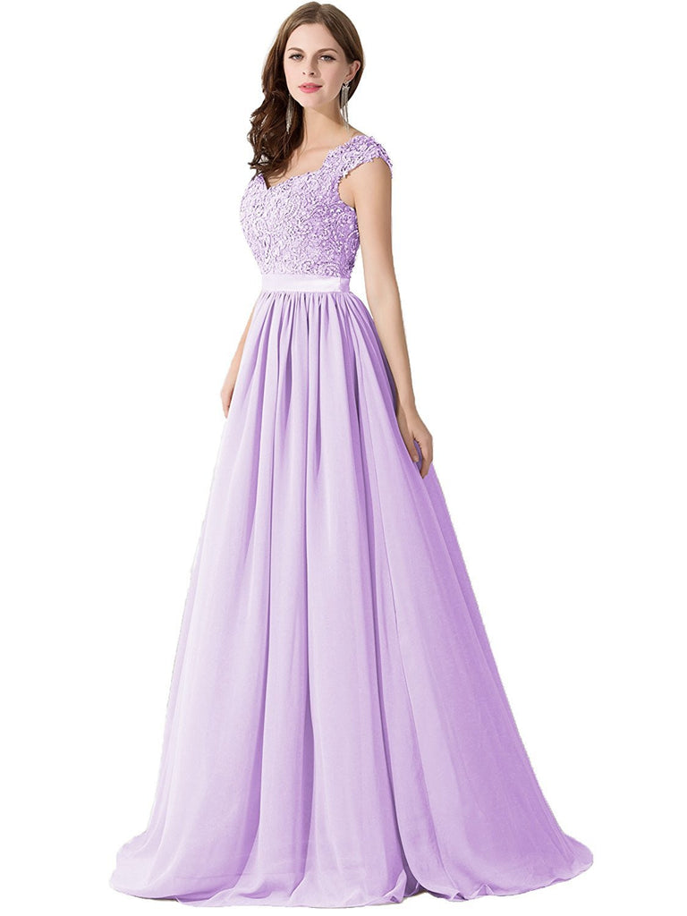 Chiffon Long A-Line Sleeveless Bateau Prom Party Evening Dress, Lace