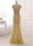 V-neck Neckline Sheath Evening Dresses With Beadings
