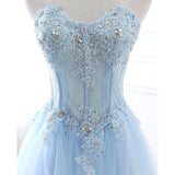 Ice Blue Lace Up Tulle Beaded Long Evening Prom Dresses