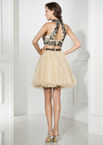 Fabulous Tulle Halter Neckline A-Line Two-piece Short Homecoming Dresses With Beadings