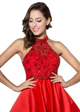 Gorgeous Satin Halter Neckline A-Line Short Homecoming Dresses With Beadings