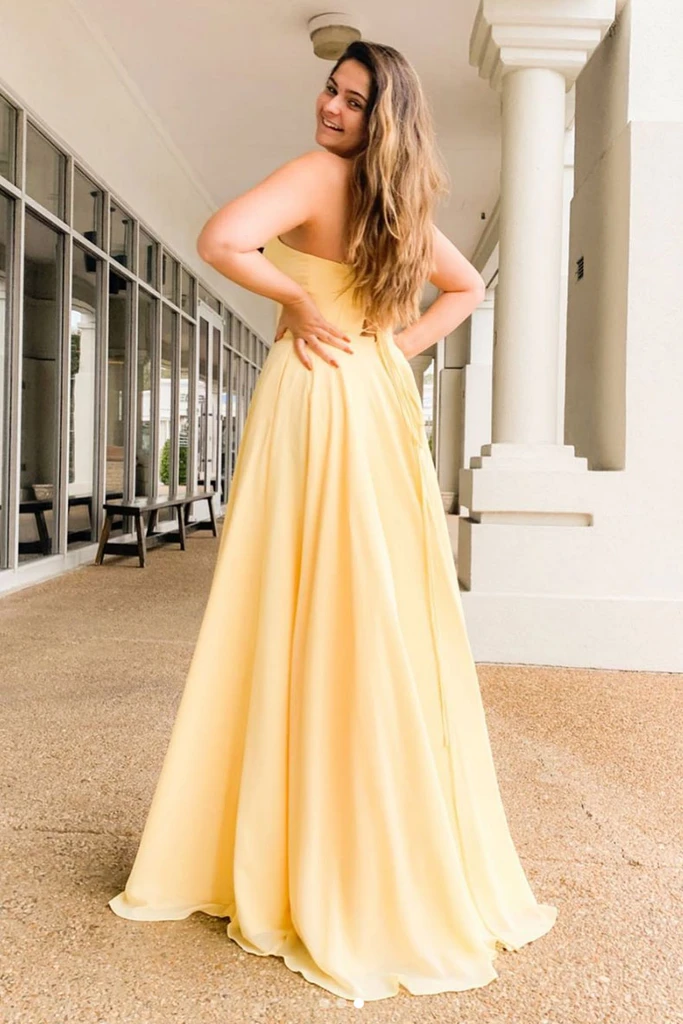 Sweetheart Long Satin Light Yellow Prom Dress With Slit – Sassymyprom Sweetheart Long Satin Light Yellow Prom Dress With Slit – Sassymyprom