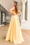 Sweetheart Long Satin Light Yellow Prom Dress With Slit