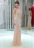 Tulle V-neck Neckline Floor-length Sheath/Column Prom Dresses With Beadings & Cotton