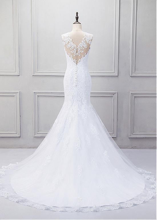 Fabulous Tulle V-neck Neckline Mermaid Wedding Dress With Beaded Lace ...