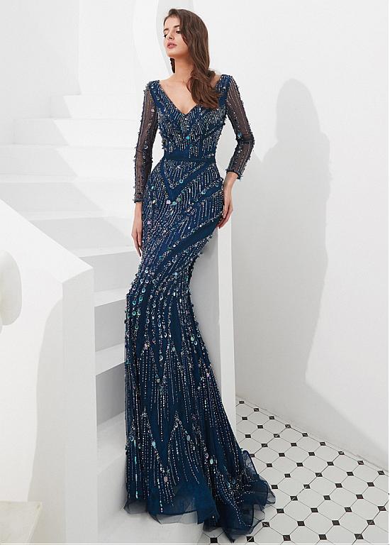Mermaid Blue Women V Neck Long Sleeves Formal Occasions Evening Gown main image 1