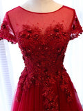 A-Line Cap Sleeves Appliques Pearls Scoop Floor-Length Evening Dress