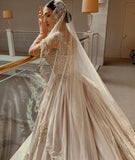 Long Sleeves Beading Appliques Sweep Train Luxury A Line Wedding Dress