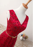 Red Fabulous Lace V-neck Neckline A-Line Prom Dresses