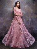 Appliques A-Line Flowers Beading Bateau Lace Floor-Length Evening Dress