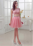 Chic Tulle Jewel Neckline A-Line Two-piece Homecoming Dresses With Lace Appliques