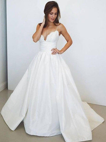Sweep Train Ball Gown Ruched Satin Spaghetti Straps Wedding Dress