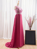 A-Line Beaded Bateau Crystal Court Train Evening Dress