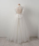 Tulle Lace Applique White Long Prom Dress