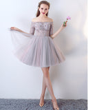 Gray Beaded Lace V-Neck Short Homecoming Dress