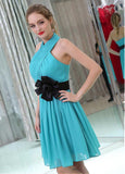 Chiffon Halter Neckline Knee-length A-line Cocktail Dresses With Handmade Flowers & Belt