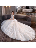 Flowers Lace-Up Chapel Train Wedding Dress