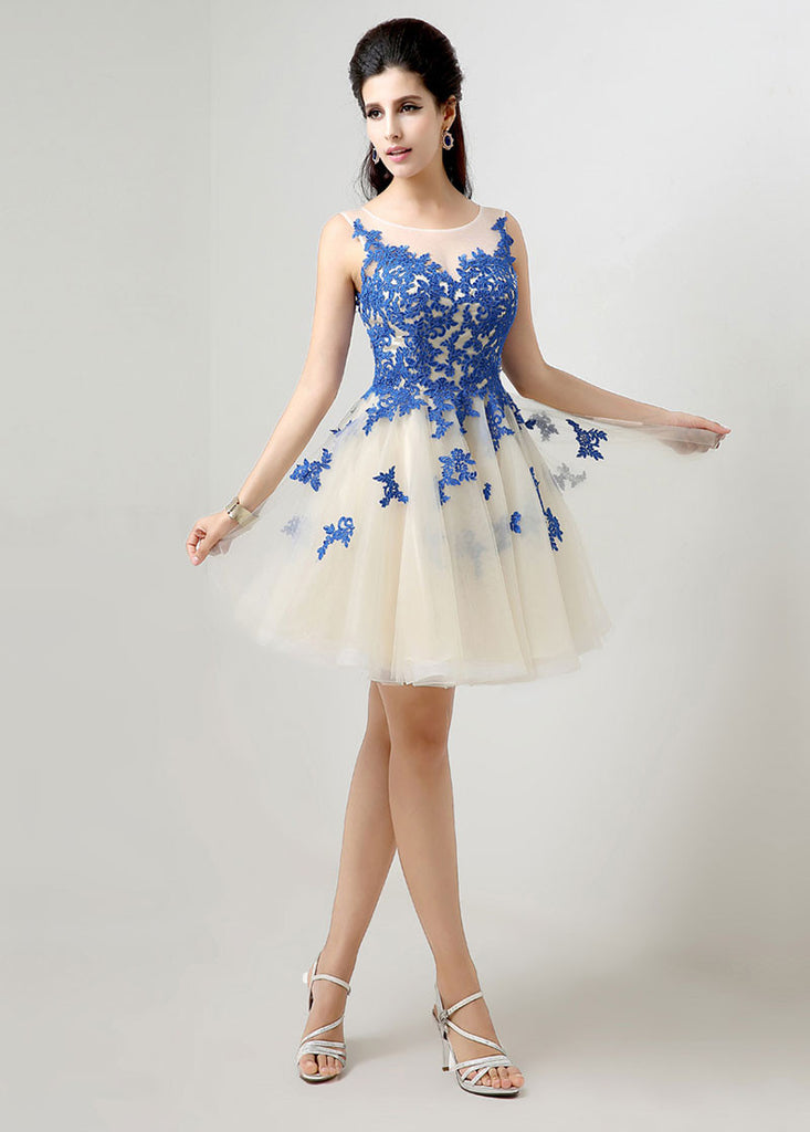 A-Line Bateau Backess Royal Blue Homecoming Dress with Lace Beading c3044