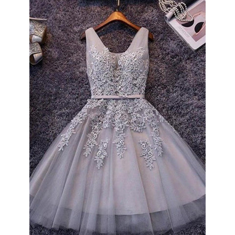 A-Line Gray Straps Tulle Applique Short/Mini Homecoming Dress