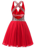 Red Fashionable Chiffon V-Neck A-Line Short Homecoming Dresses With Rhinestones