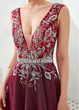 Burgundy Beautiful Tulle V-neck A-line Formal & Evening Dress
