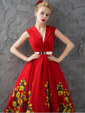 A-Line V-Neck Sashes Tea-Length Evening Dress