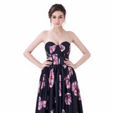Satin Sleeveless Print Black Prom Dress