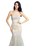 Glamorous Tulle Strapless Neckline Natural Waistline Mermaid Prom Dresses With Lace Appliques