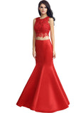 Graceful Satin & Lace Jewel Neckline Two-piece Mermaid Evening Dresses With Beadings