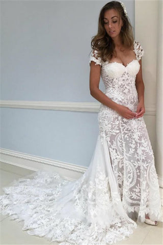 See Through Cap Sleeve Lace V-Neck Ruffles Wedding Dress