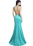 Graceful Silk Satin Illusion High Collar Cut-out Back Sheath Evening Dresses With Slit