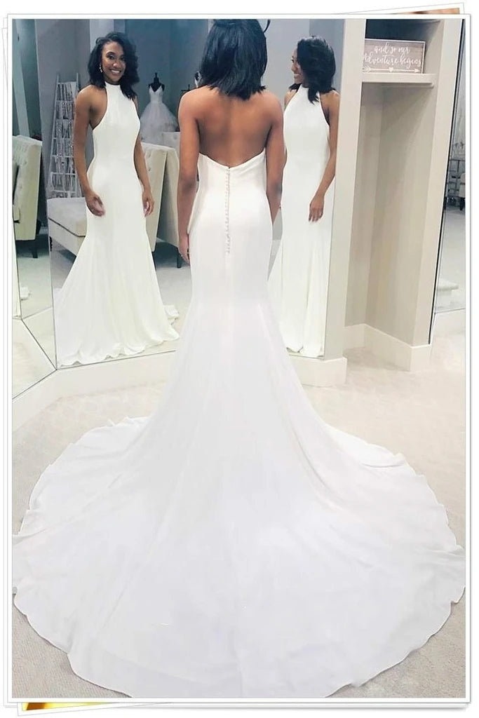 2021 Backless Halter Open Back Satin Sheath Column Wedding Dress US14 / White 2021 Backless Halter Open Back Satin Sheath Column Wedding Dress US14 / White