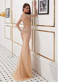 Tulle V-neck Beading Champagne Mermaid Evening Dress