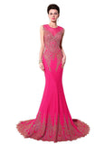 Red Eye-catching Jersey Jewel Neckline Mermaid Evening Dresses With Lace Appliques