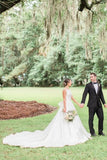 White Satin Scoop Sleeveless Backless Wedding Dress With Bow