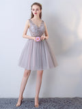 Gray Beaded Lace V-Neck Short Homecoming Dress