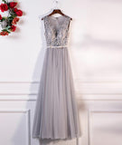 GRAY ROUND NECK LACE TULLE LONG PROM DRESS, GRAY EVENING DRESS