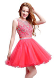 Pretty Tulle Jewel Neckline Sleeveless Short-length A-Line Homecoming Dresses With Beadings