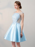Blue Lace Pearls Cap Sleeves Mini Homecoming Dress