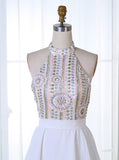 Satin Halter Backless Short White Sequins Homecoming Dress