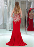 Linen Halter Neckline Cut-out Mermaid Evening Dresses With Lace Appliques & Hot Fix Rhinestones