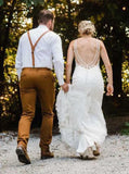 V Neck Open Back Lace Mermaid Backless Wedding Dress