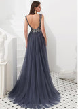 Tulle V-neck Beading Navy Floor-length A-line Evening Dress