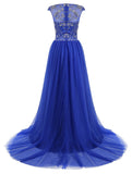 Beaded Tulle Cap Sleeves Long Prom Dress
